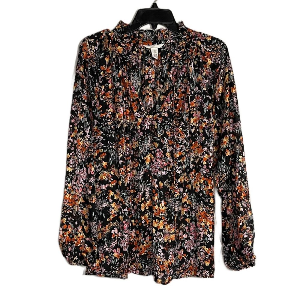 H&M Women's Floral Bell Sleeve V-Neck Blouse, Black/Floral, Size L